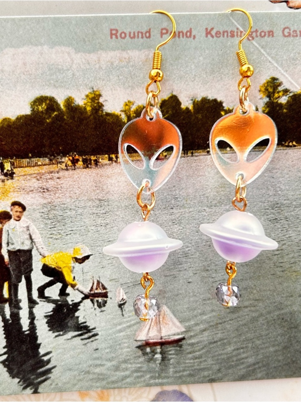 Alien & Saturn Drop Earrings in Iridescent Purple and Gold